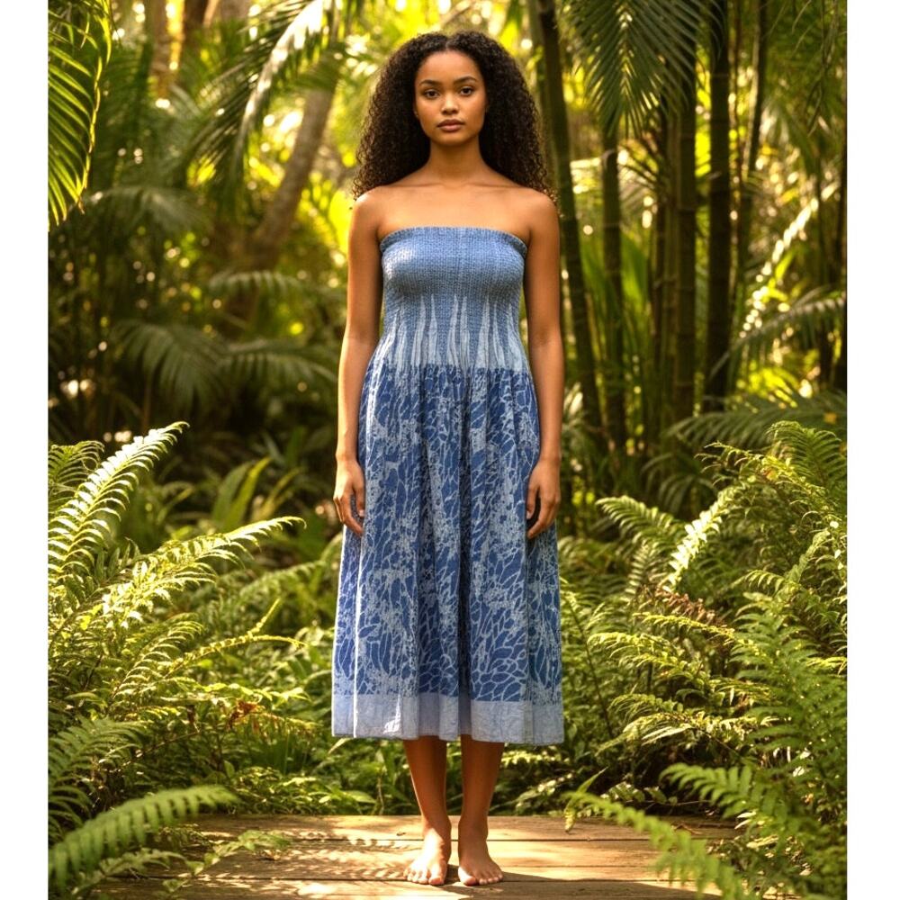 Vintage Lapis Dress Strapless Blue Stretch Boho Halter OSFM